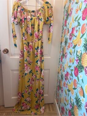 Band of Gypsies Yellow Floral Dress with Pink & Teal Accents